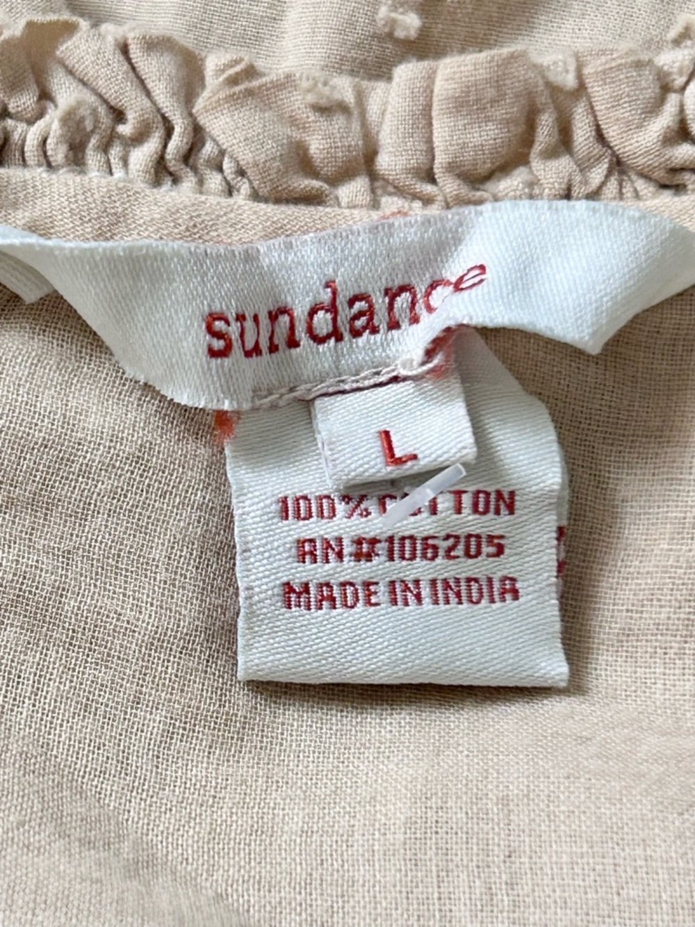 Sundance Tan 100% Cotton Boho Dress Size Large Ruffles V Neck Knee Length - Picture 6 of 6
